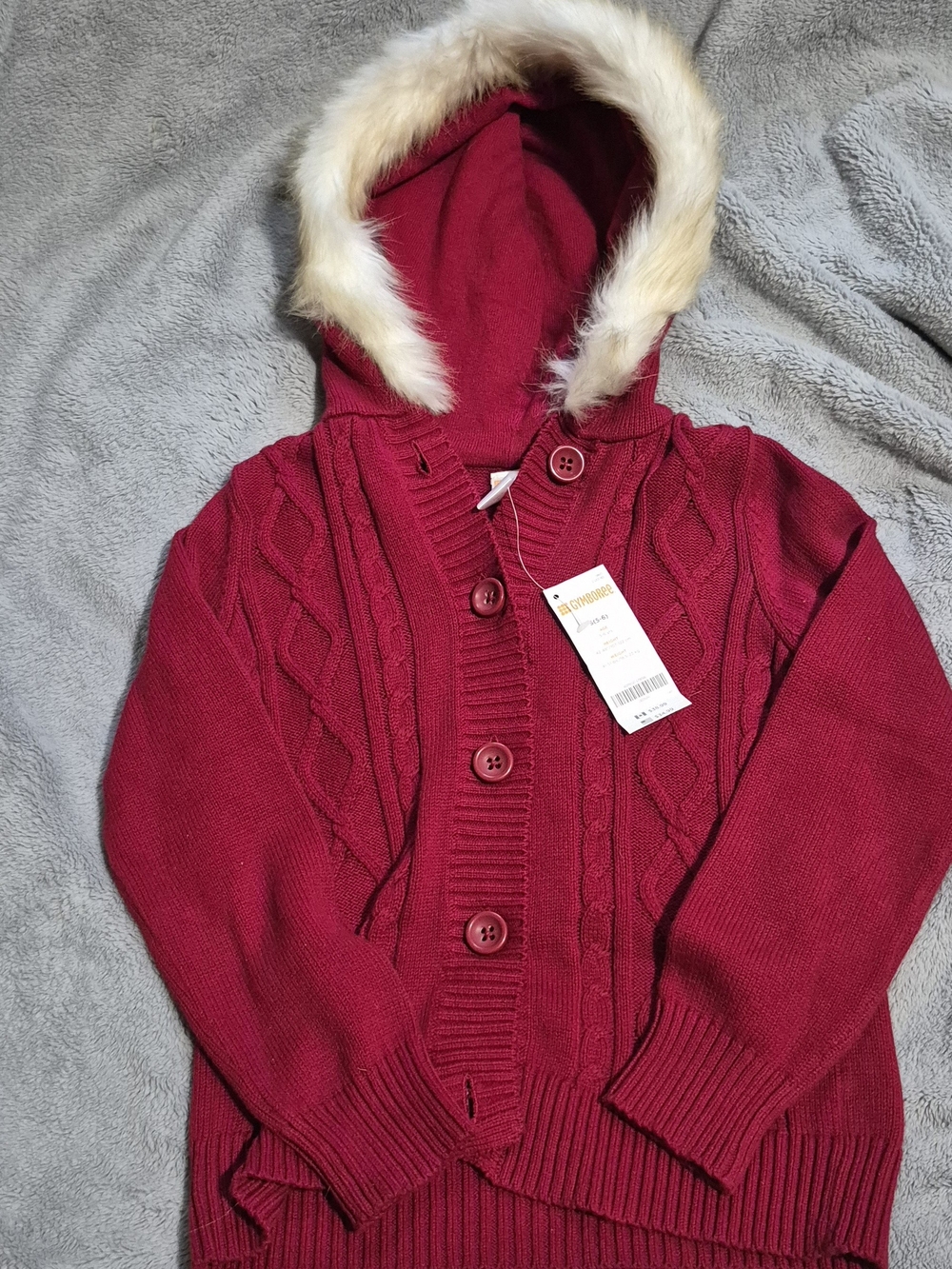Kids Gymboree Red Hooded Cable Knit Cardigan with Faux Fur Trim
